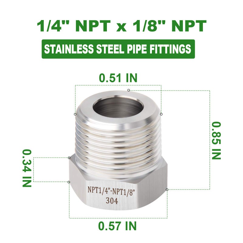 TAISHER 5PCS Forging of 304 Stainless Steel Reducer Hex Bushing, 1/4" Male NPT to 1/8" Female NPT, Reducing Forging Pipe Adapter Fitting - Image 4